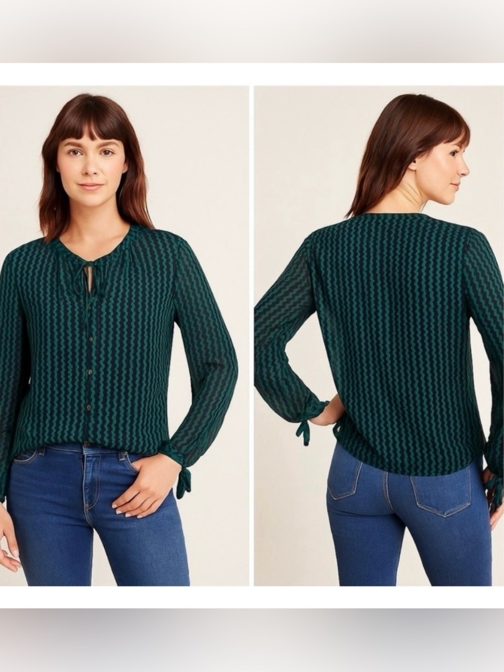 Maeve Women's M Della Zig Zag Blouse Top Tie Neck Top Green Black Sheer Viscose